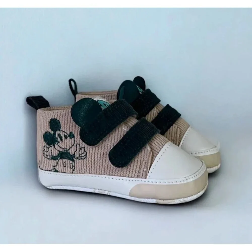 Disney Baby Soft Infant Crib Shoes Tan Corduroy Embroidered Mickey Mouse 6-9m